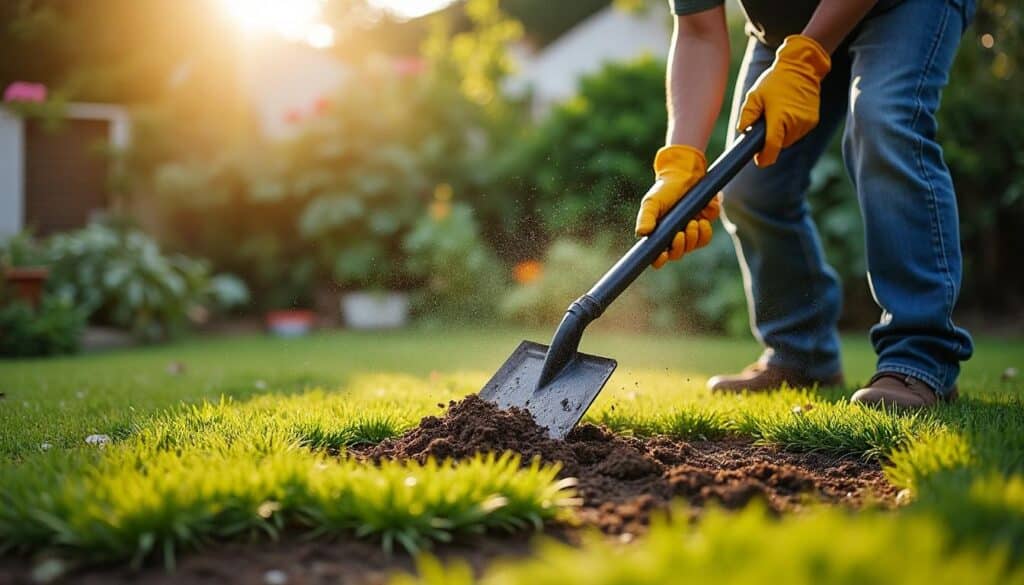 Scarifier et aérer la pelouse de sa maison avec un râteau