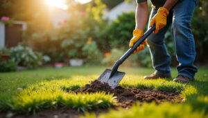 Scarifier et aérer la pelouse de sa maison avec un râteau
