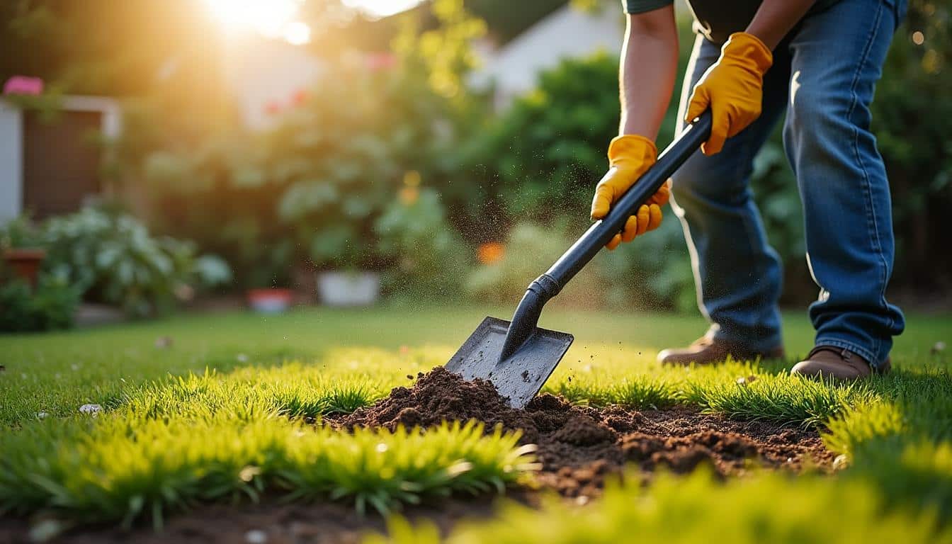Scarifier et aérer la pelouse de sa maison avec un râteau
